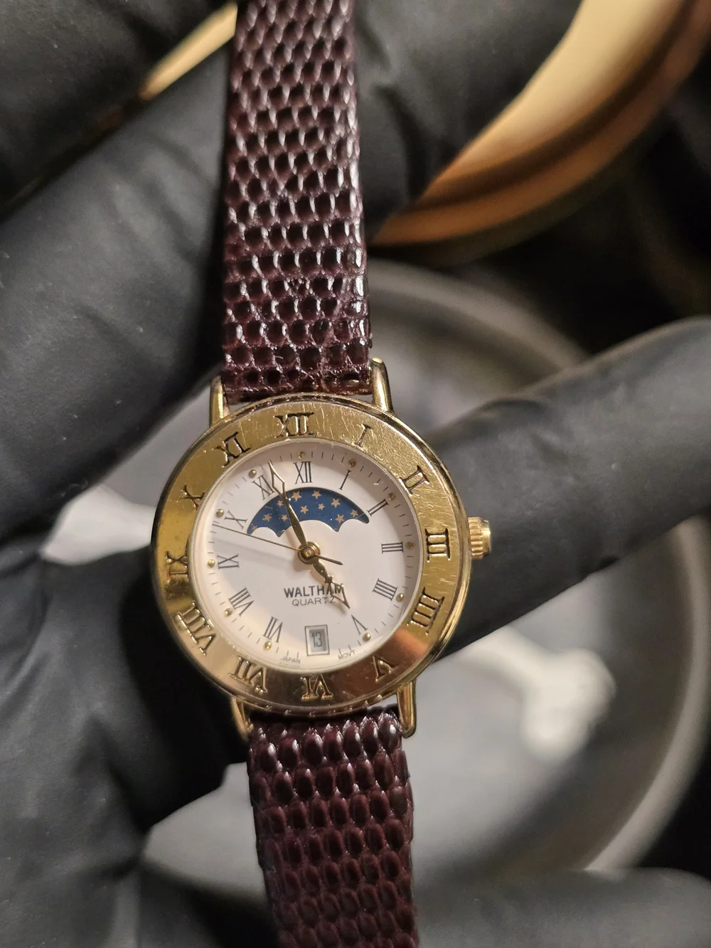 Waltham Gold-Tone Moonphase Watch with Brown Leather Strap
